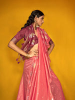 Elegant Handloom Tussar Silk Saree with Lotus Motif - Coral Red