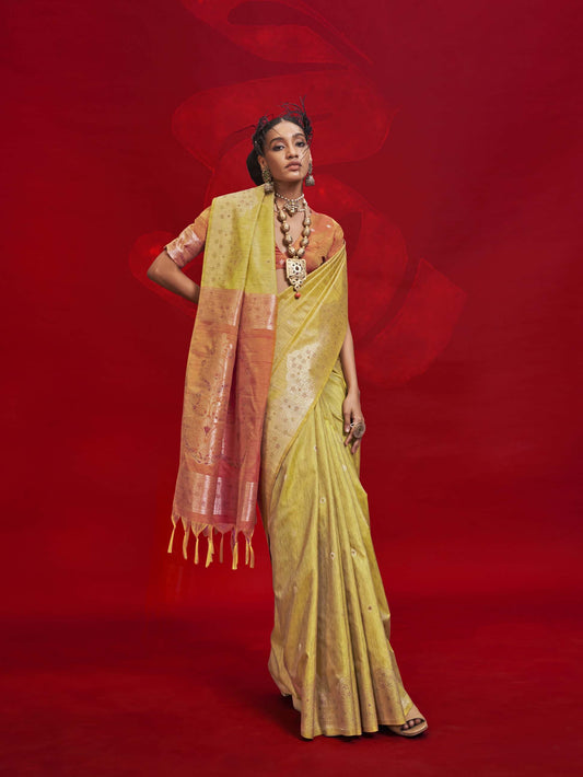 Contrast Ikkat Pallu Tussar Silk Handloom Saree - Yellow