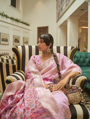 Pashmina Silk Saree with Kashmiri Pallu & Blouse - Soft Pink