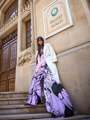 Printed Satin‑Crepe Saree - Lilac and Black Abstract Floral