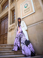 Printed Satin‑Crepe Saree - Lilac and Black Abstract Floral