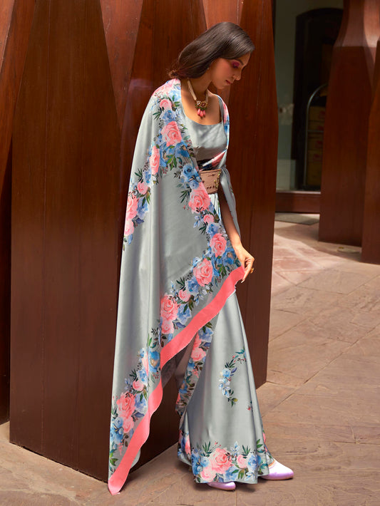 Luxe Satin Printed Saree - Sage Green