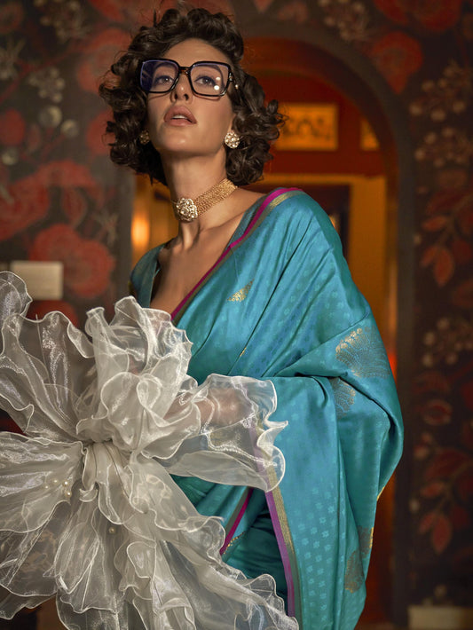 Handloom Weaving Silk Saree - Teal Blue