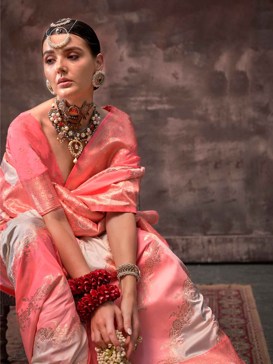 Ethnic Zari Silk Blend Banarasi Saree - Peach