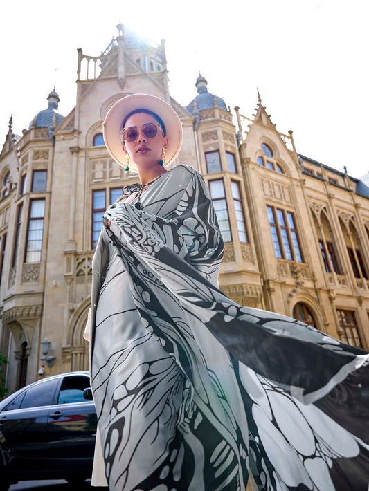 Printed Satin‑Crepe Saree - Grey and White Line Art