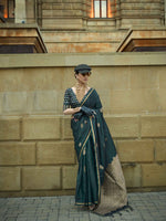 Pure Satin Handloom Weaving Silk Saree with Zari Buti & Heavy Pallu - Bottle Green