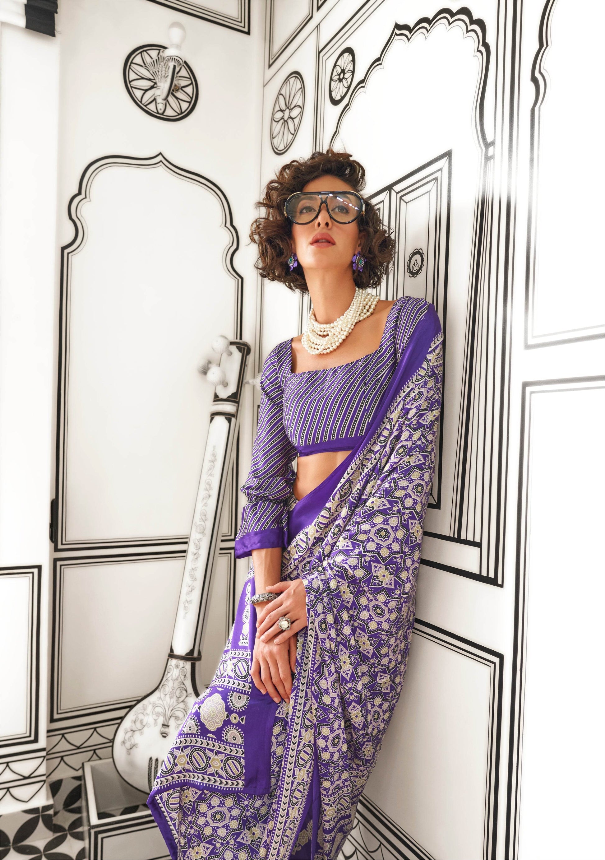 Ajrakh Printed Satin Saree - Purple - - Laxha Clothing - www.laxhaclothing.com