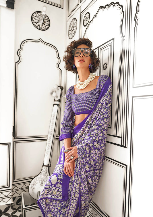 Ajrakh Printed Satin Saree - Purple - - Laxha Clothing - www.laxhaclothing.com