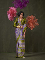 Satin Crepe Saree with Traditional Ajrakh Prints - Purple Green