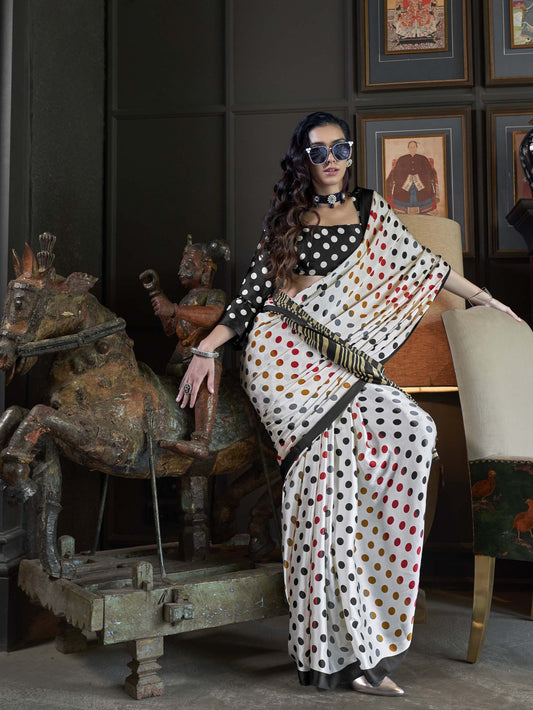 Elegant Patola-Print Satin Crepe Saree - Black with Multicolor Dots