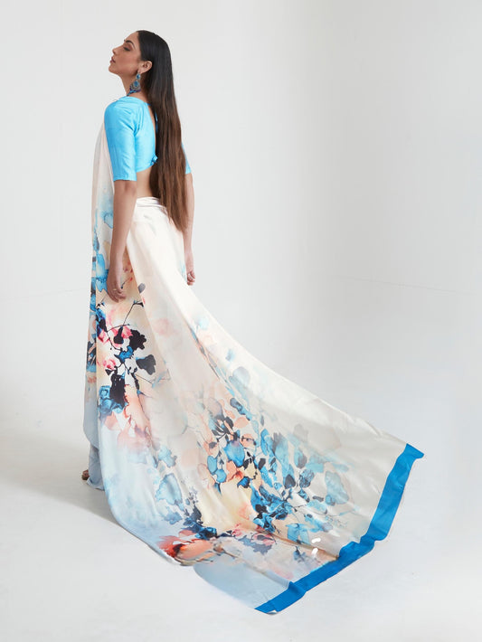 Printed Satin Saree - Light Blue And White
