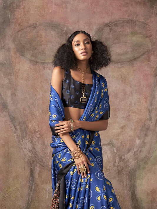 Ajrakh Printed Satin Saree - Navy Blue