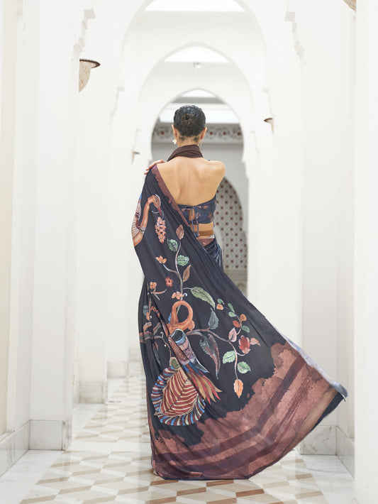 Authentic Pure Silk Crepe Kalamkari Saree - Black Rust