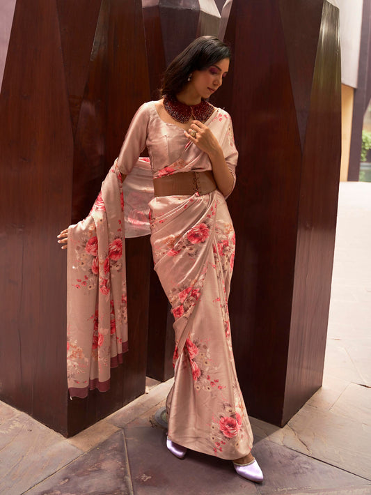 Printed Satin‑Crepe Saree - Champagne Beige