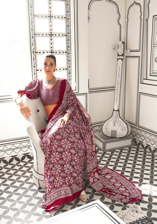 Ajrakh Printed Satin Saree - Red - - Laxha Clothing - www.laxhaclothing.com