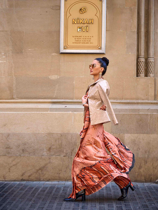 Printed Satin‑Crepe Saree - Terracotta and Clay Artistic Print