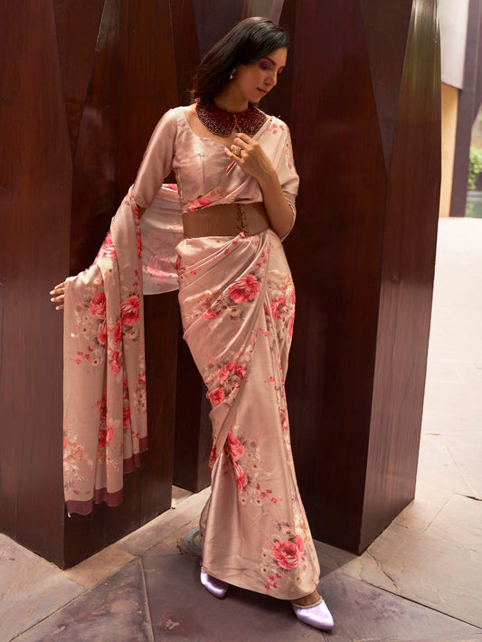 Luxe Satin Printed Saree - Champagne Beige