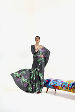 Luxe Satin Printed Saree - Charcoal and Green