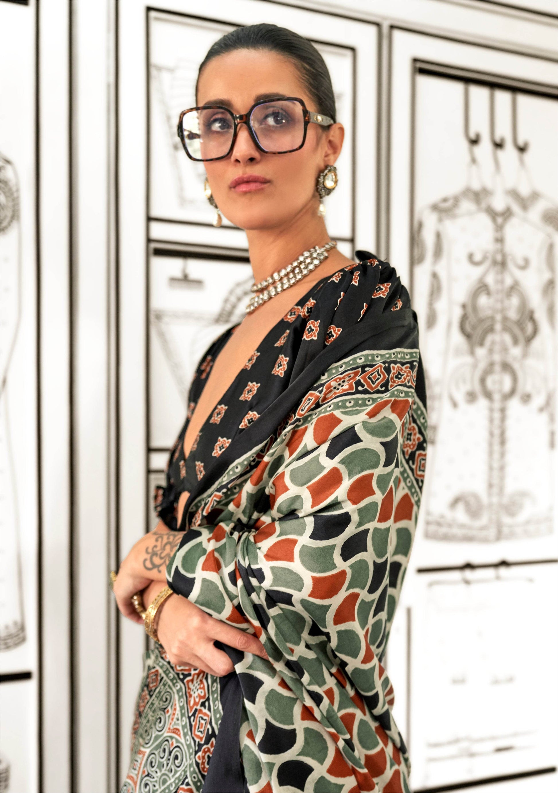Ajrakh Printed Satin Saree - Black - - Laxha Clothing - www.laxhaclothing.com