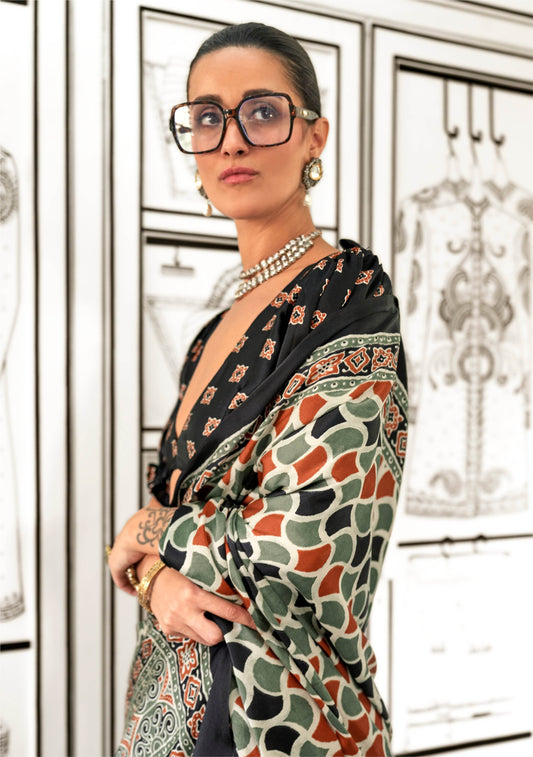 Ajrakh Printed Satin Saree - Black - - Laxha Clothing - www.laxhaclothing.com