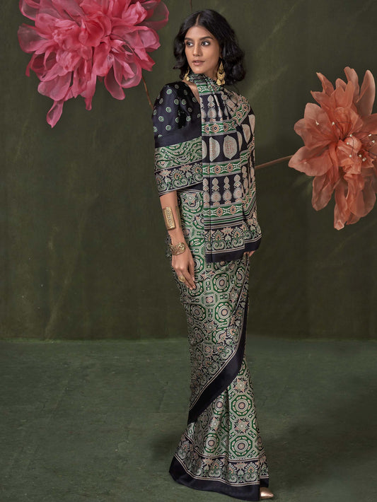 Satin Crepe Saree with Traditional Ajrakh Prints - Teal Black