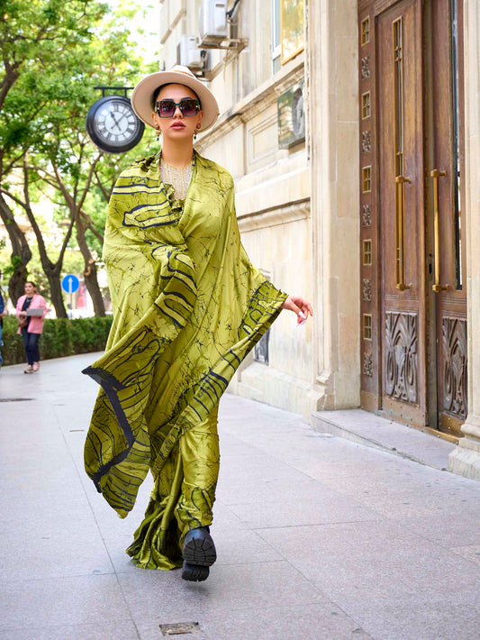 Printed Satin‑Crepe Saree - Olive Green with Map-Like Print
