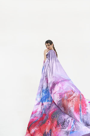 Luxe Satin Printed Saree - Lavender and Pink