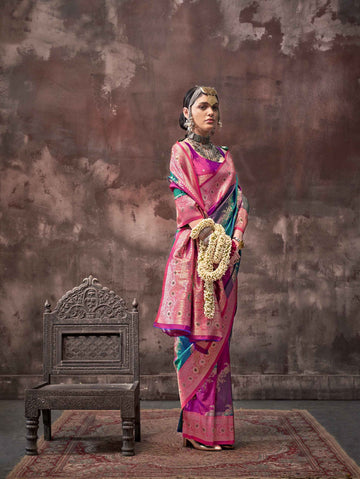 Ethnic Zari Silk Blend Banarasi Saree - Magenta