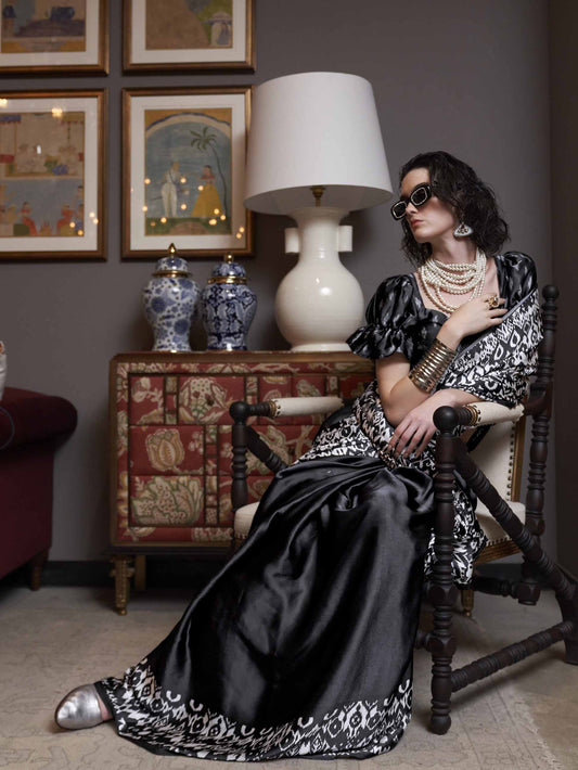 Elegant Patola-Print Satin Crepe Saree - Black White