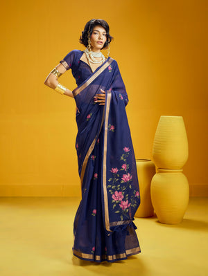 Navy Blue Pure Munga Silk Handloom Saree with Shaded Floral Woven Pallu
