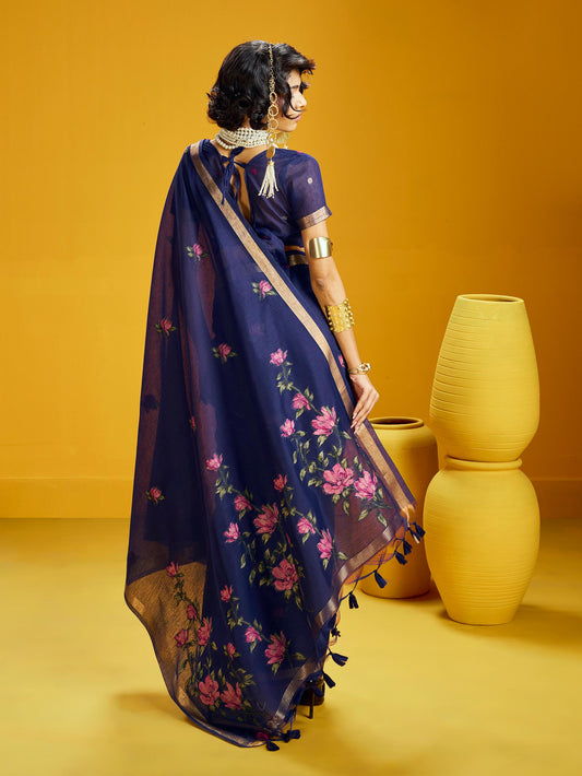 Navy Blue Pure Munga Silk Handloom Saree with Shaded Floral Woven Pallu
