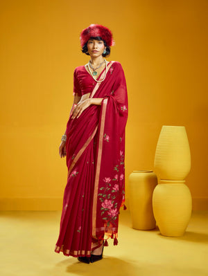Red Pure Munga Silk Handloom Saree with Shaded Floral Woven Pallu