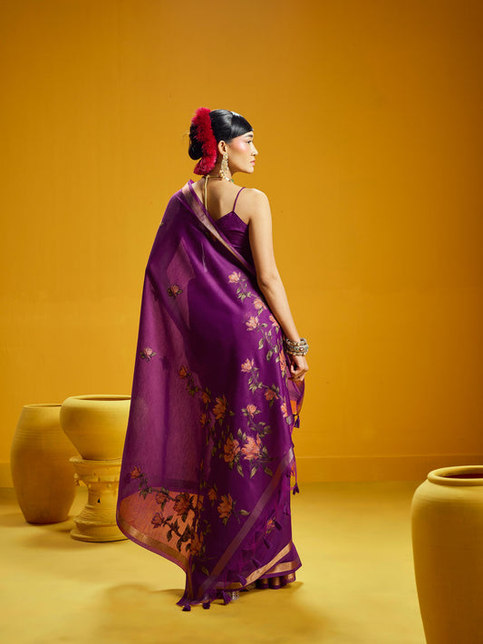 Lavender Pure Munga Silk Handloom Saree with Shaded Floral Woven Pallu