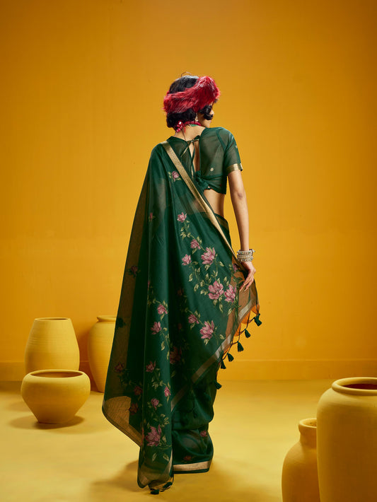 Bottle Green Pure Munga Silk Handloom Saree with Shaded Floral Woven Pallu