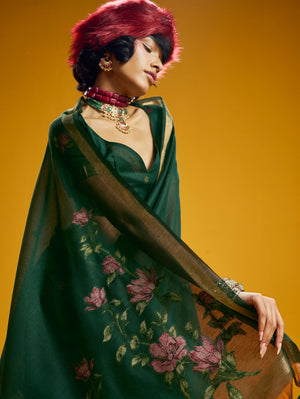 Bottle Green Pure Munga Silk Handloom Saree with Shaded Floral Woven Pallu