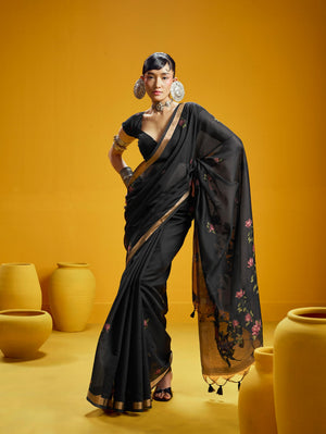 Black Pure Munga Silk Handloom Saree with Shaded Floral Woven Pallu