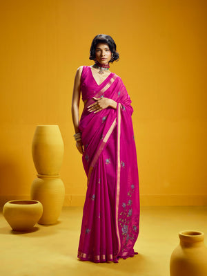 Pink Pure Munga Silk Handloom Saree with Shaded Floral Woven Pallu