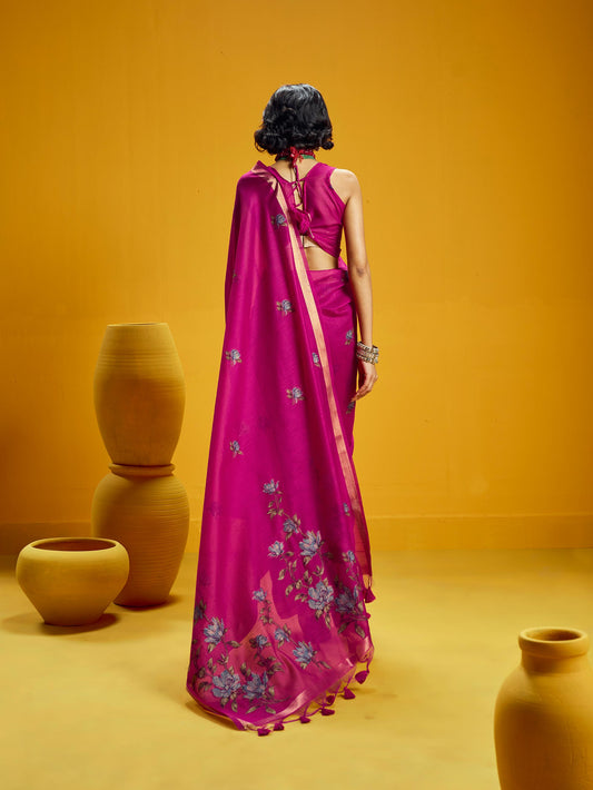 Pink Pure Munga Silk Handloom Saree with Shaded Floral Woven Pallu