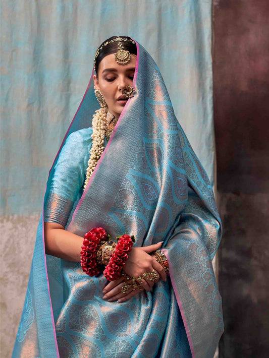 Woven Design Zari Kanjeevaram Saree - Sky Blue