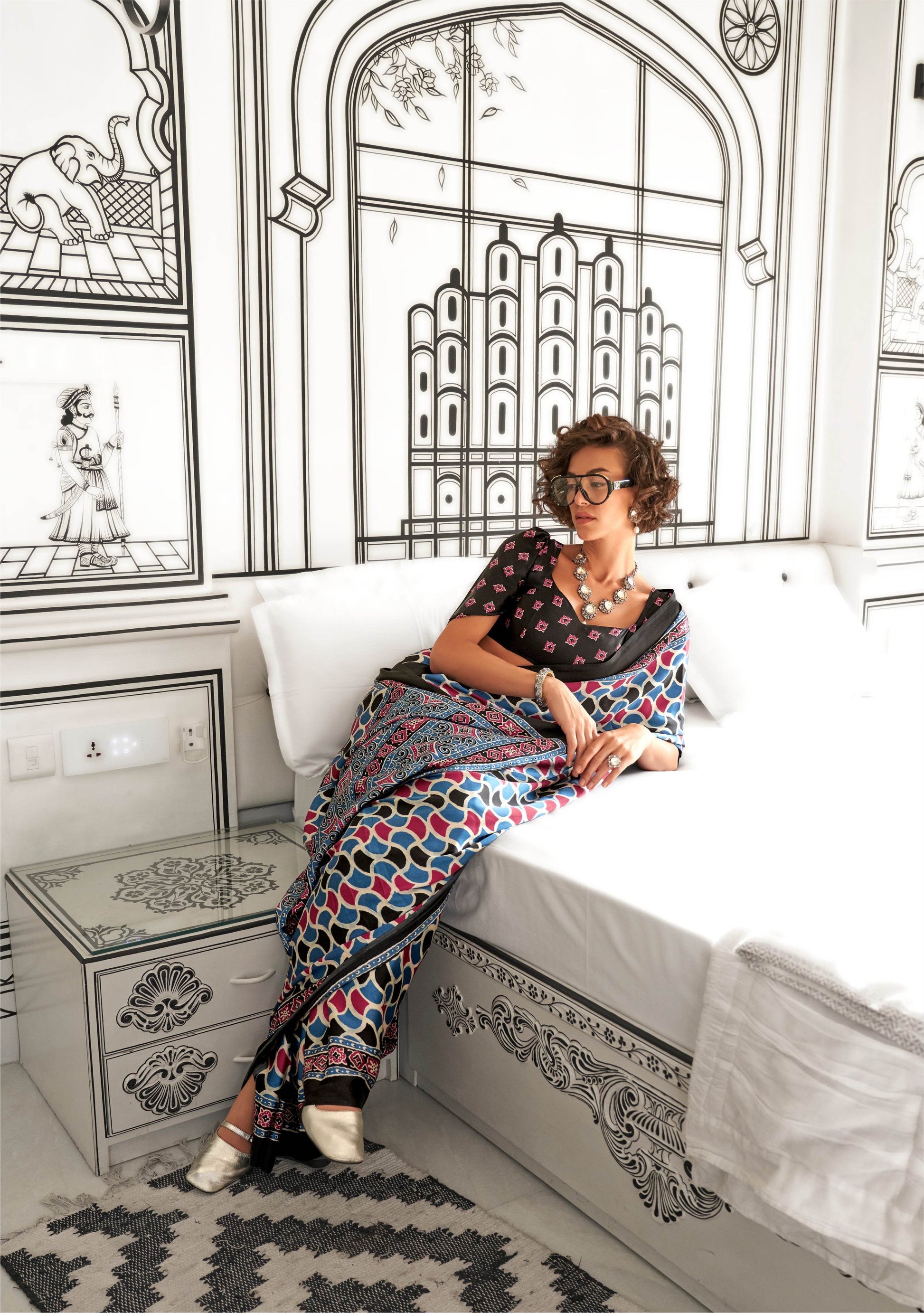Ajrakh Printed Satin Saree - Blue & Red - - Laxha Clothing - www.laxhaclothing.com