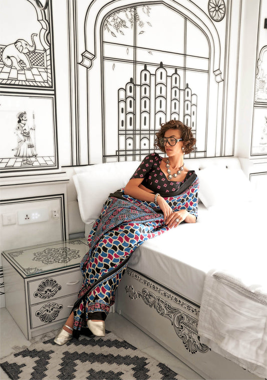 Ajrakh Printed Satin Saree - Blue & Red - - Laxha Clothing - www.laxhaclothing.com