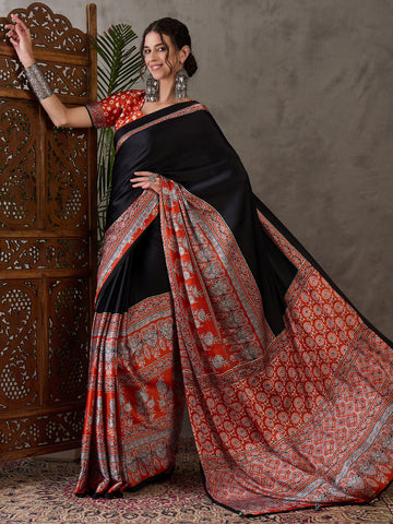 Ajrakh Printed Silk Saree - Orange and Black