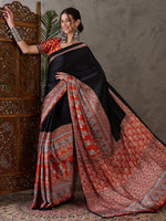 Ajrakh Printed Silk Saree - Orange and Black