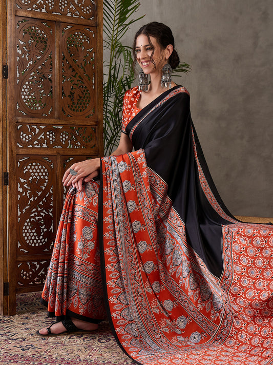 Ajrakh Printed Silk Saree - Orange and Black