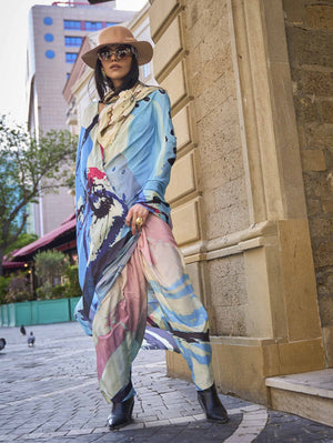 Pure Silk Printed Crepe Saree - Sky Blue