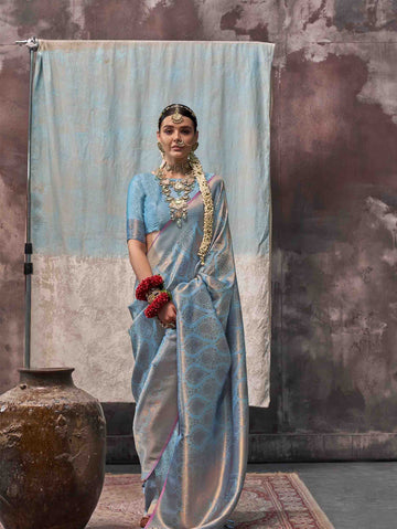 Woven Design Zari Kanjeevaram Saree - Sky Blue