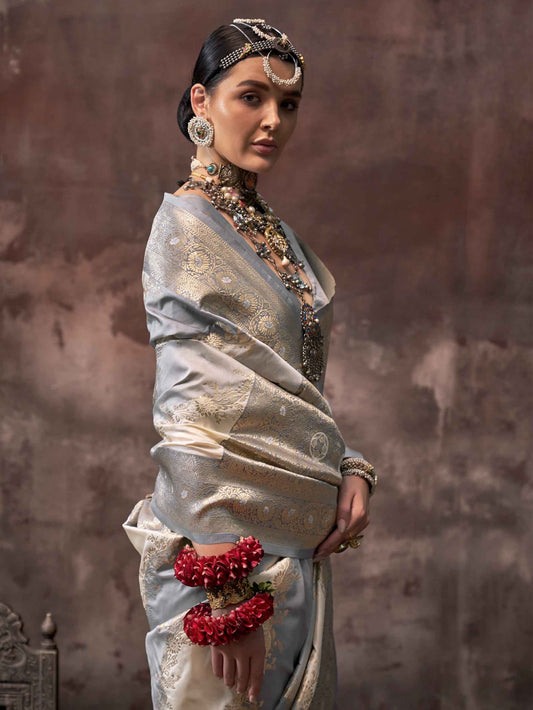 Ethnic Zari Silk Blend Banarasi Saree - Grey