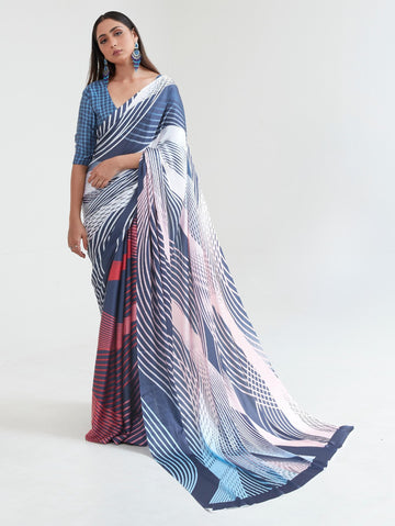 Printed Satin Saree - Navy Blue
