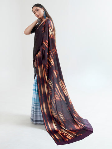 Printed Satin Saree - Dark Brown