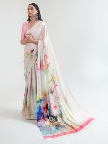 Printed Satin Saree - Cream